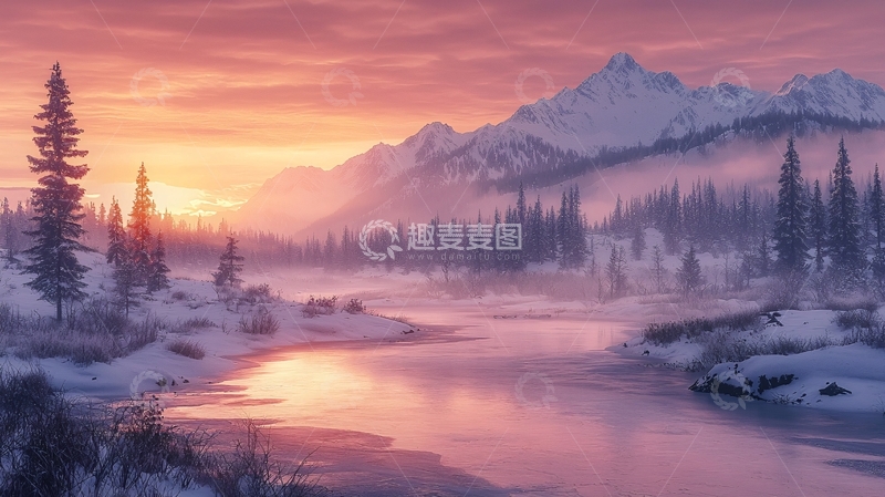 高清大图下载【趣麦麦图】冬季山水日落的唯美景色