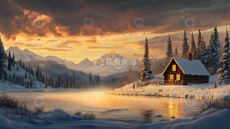 高清大图下载【趣麦麦图】冬日小屋雪景日落