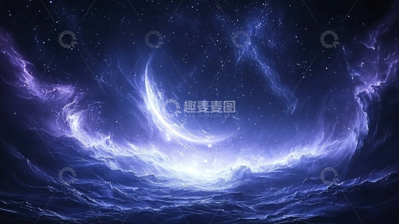 高清大图下载【趣麦麦图】蓝色星空中的新月
