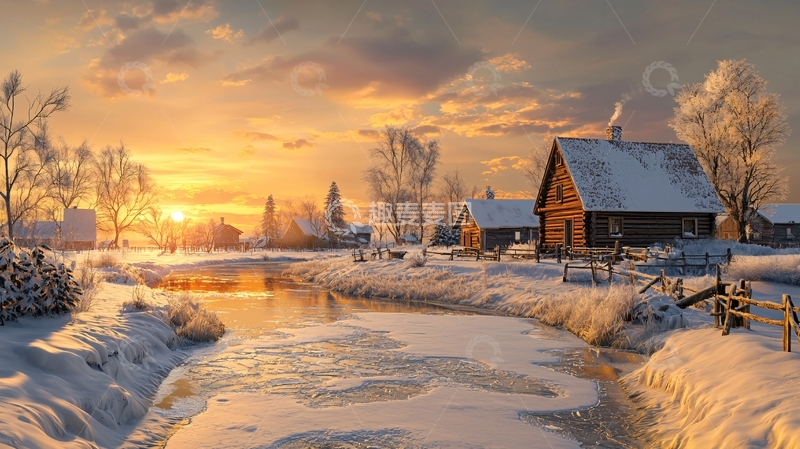 高清大图下载【趣麦麦图】冬日雪景村庄日出