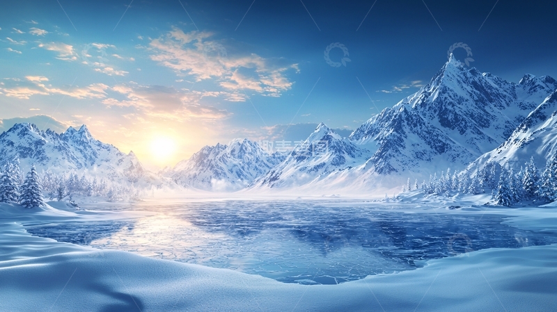 高清大图下载【趣麦麦图】冰雪覆盖的湖面和山脉