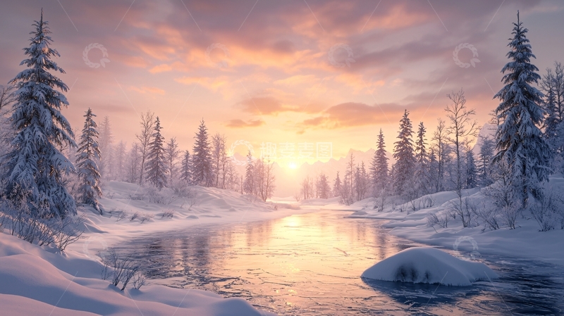 高清大图下载【趣麦麦图】冬日河流与雪景森林的日落
