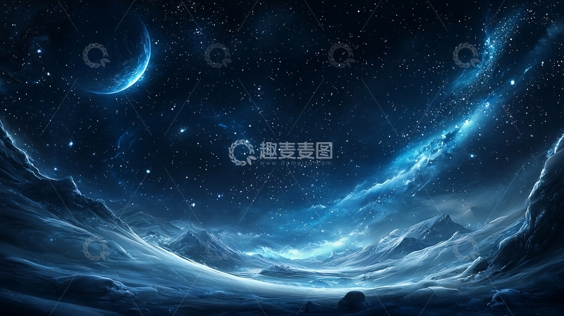 高清大图下载【趣麦麦图】深蓝色星空月亮云雾缭绕