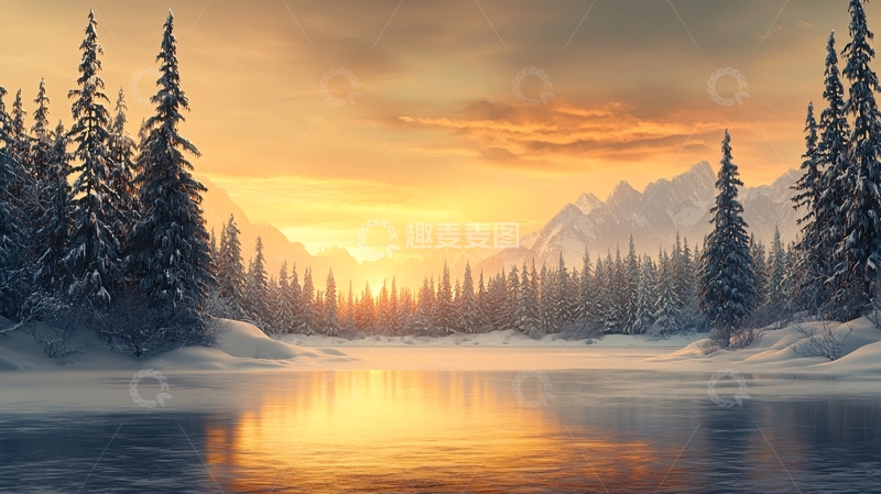 高清大图下载【趣麦麦图】湖面平静的日出森林景色