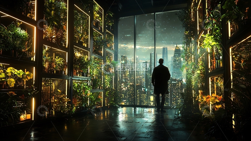 高清大图下载【趣麦麦图】城市夜景中的室内绿植