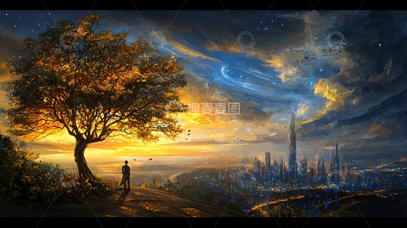 高清大图下载【趣麦麦图】孤独身影下的奇幻天空