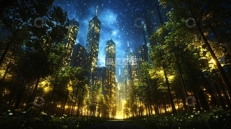高清大图下载【趣麦麦图】森林中的未来城市夜景