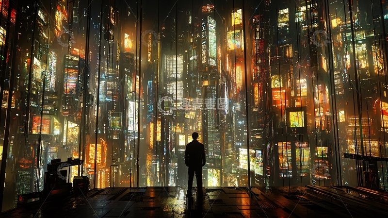 高清大图下载【趣麦麦图】城市夜景中的孤独身影