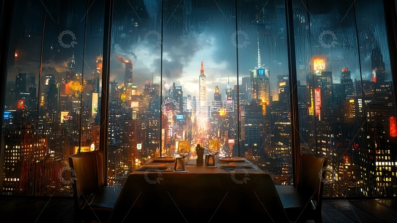 高清大图下载【趣麦麦图】霓虹灯城市夜景餐厅