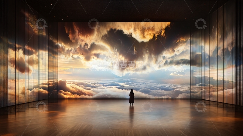 高清大图下载【趣麦麦图】房间内的人面对天空般的投影
