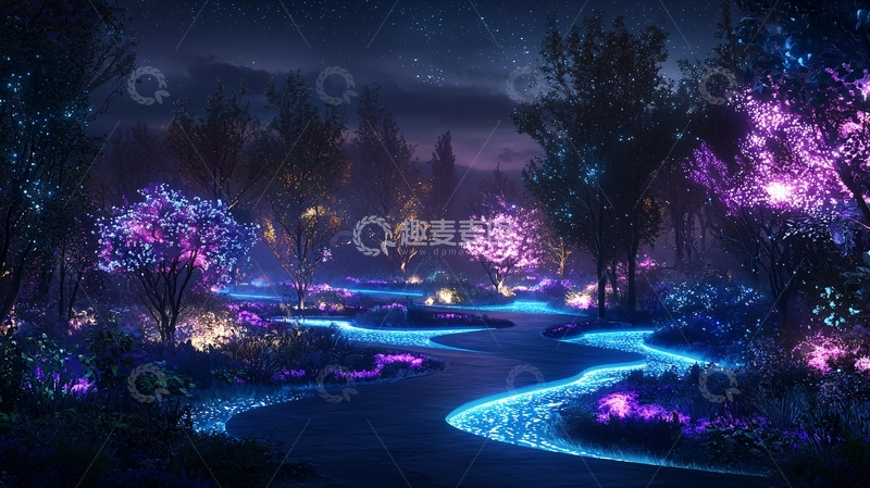 高清大图下载【趣麦麦图】夜间发光森林小路