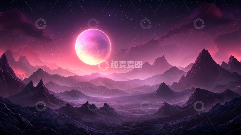 高清大图下载【趣麦麦图】紫色山脉夜空圆月