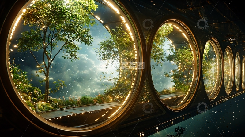 高清大图下载【趣麦麦图】圆形窗外的绿色自然风光