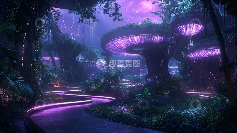 高清大图下载【趣麦麦图】紫色发光蘑菇的奇幻森林