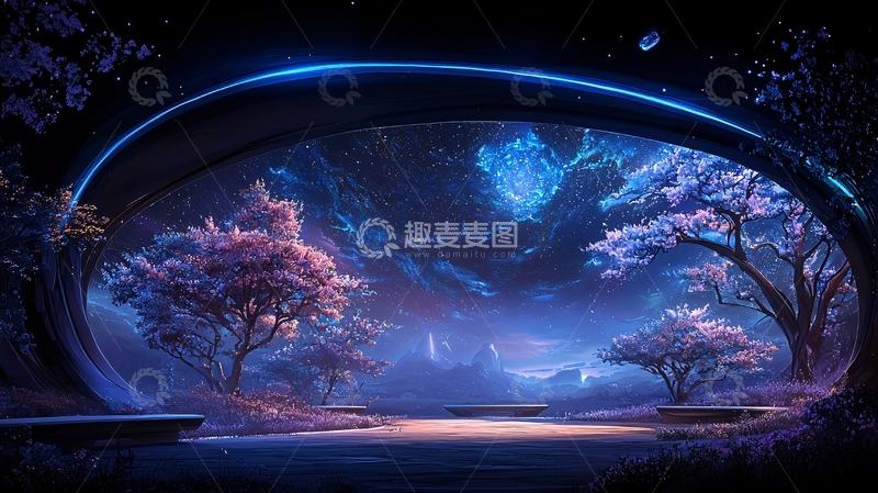 高清大图下载【趣麦麦图】紫色星空下的梦幻花园