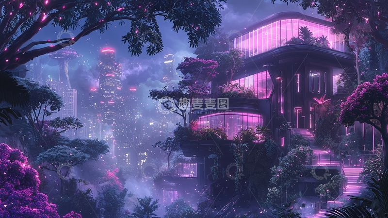 高清大图下载【趣麦麦图】夜间城市森林中的房屋