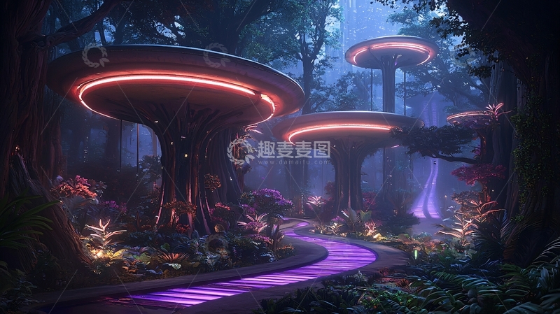 高清大图下载【趣麦麦图】未来主义森林夜景