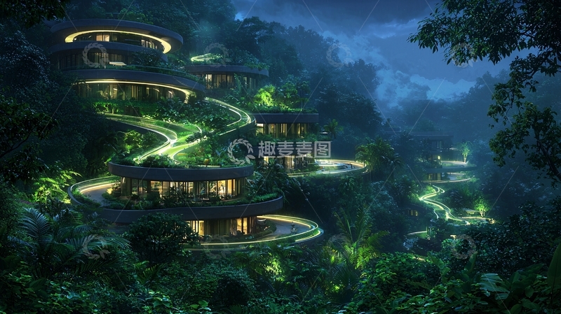 高清大图下载【趣麦麦图】夜晚森林里的圆形小屋