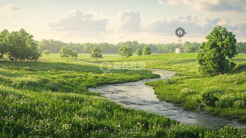 高清大图下载【趣麦麦图】绿意盎然的田野小溪