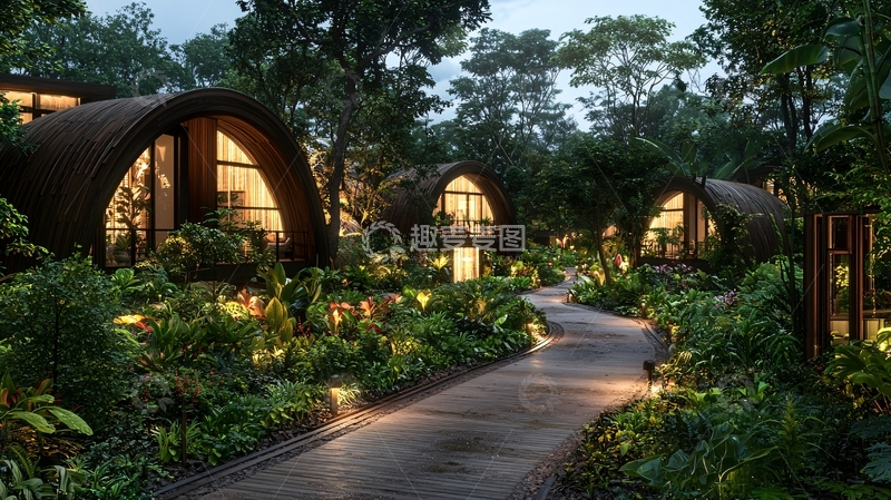 高清大图下载【趣麦麦图】森林中的生态小屋建筑群