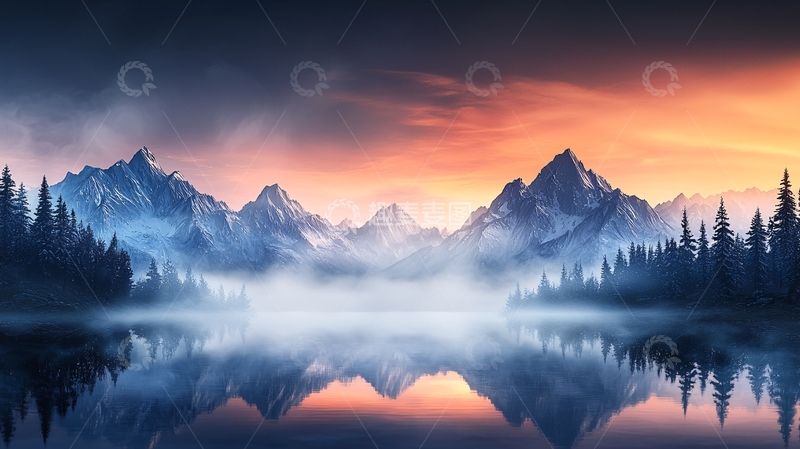 高清大图下载【趣麦麦图】宁静湖面山景日出