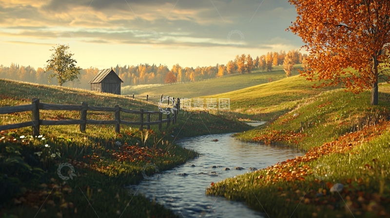 高清大图下载【趣麦麦图】秋日乡村小溪流水