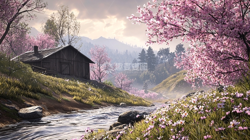 高清大图下载【趣麦麦图】粉色花朵下的山间小屋