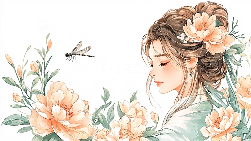 高清大图下载【趣麦麦图】国风少女鲜花蜻蜓水彩