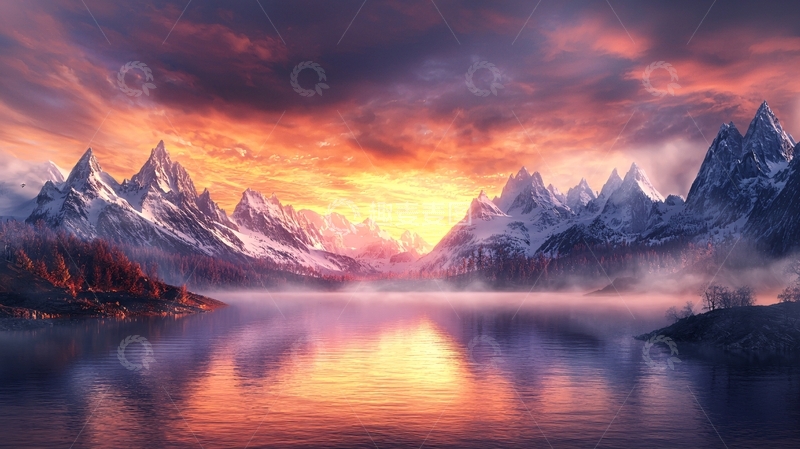 高清大图下载【趣麦麦图】湖光山色壮丽日出景色