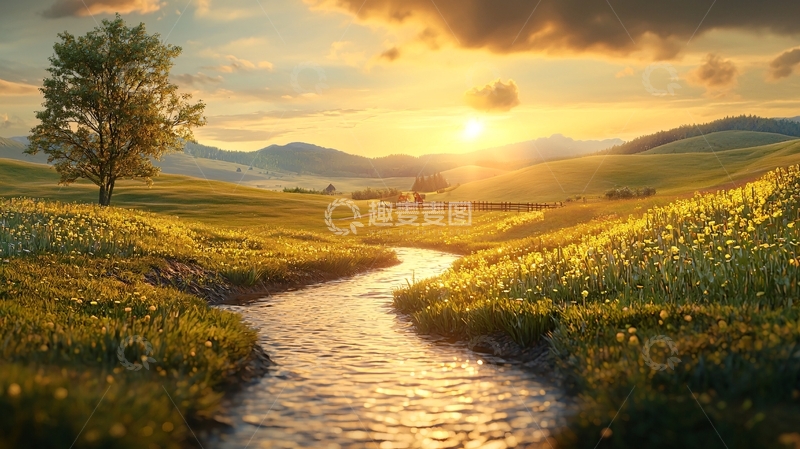 高清大图下载【趣麦麦图】夕阳下的田园风光