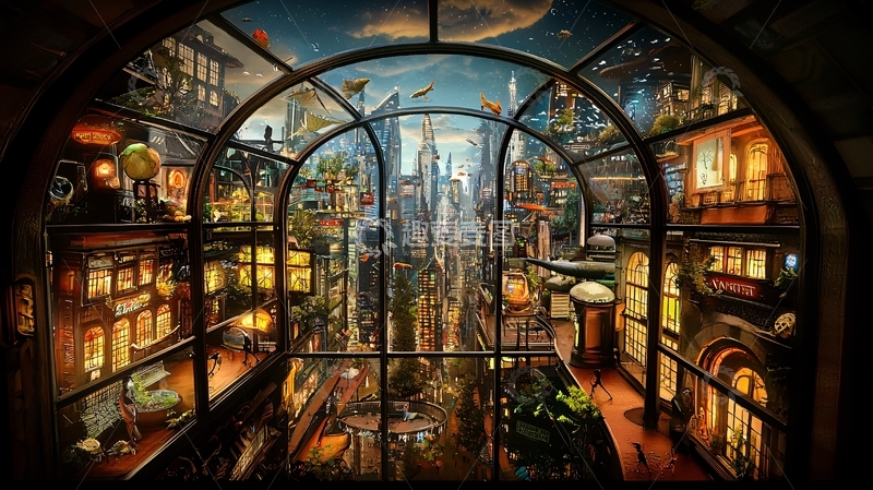 高清大图下载【趣麦麦图】透过拱形窗看城市