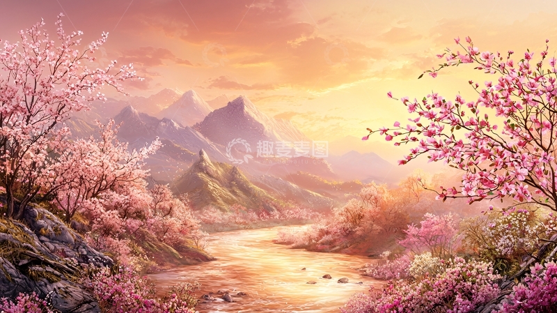 高清大图下载【趣麦麦图】粉色花朵山水风景画