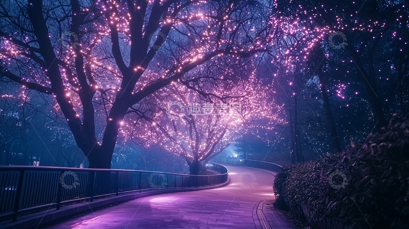 高清大图下载【趣麦麦图】紫色光芒笼罩的树木小路