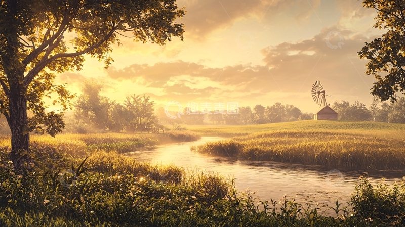 高清大图下载【趣麦麦图】金色田野上的宁静河流