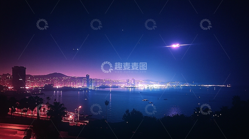 高清大图下载【趣麦麦图】夜幕下的城市海湾灯光