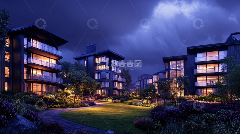 高清大图下载【趣麦麦图】夜幕下的现代住宅小区