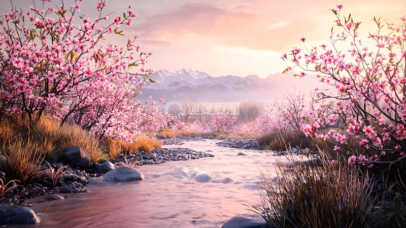 高清大图下载【趣麦麦图】粉色花树小溪唯美风景