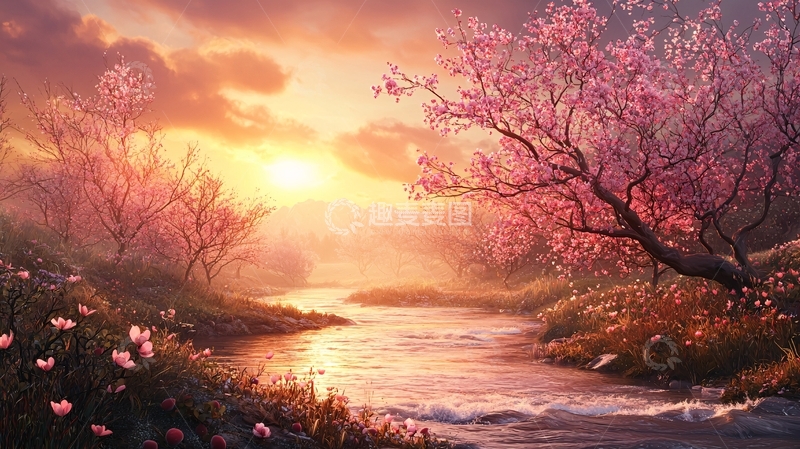 高清大图下载【趣麦麦图】粉色花树下的宁静河流