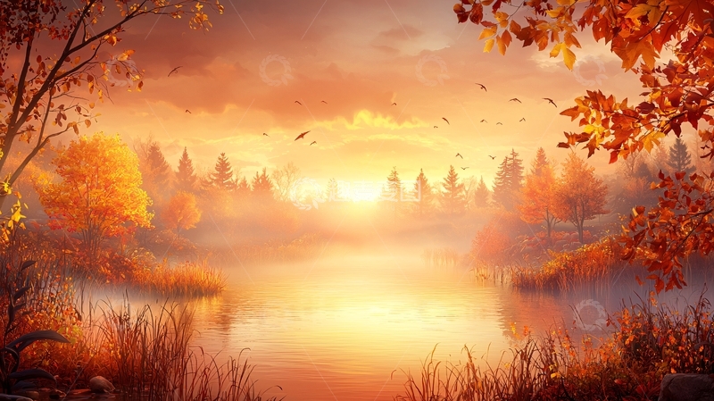 高清大图下载【趣麦麦图】金色秋季湖面日落风景