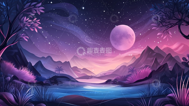 高清大图下载【趣麦麦图】紫色梦幻星空湖泊