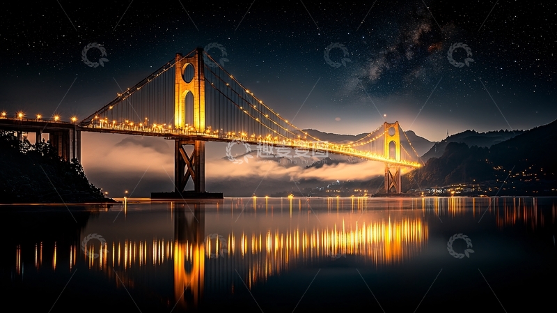 高清大图下载【趣麦麦图】夜幕下的金色大桥