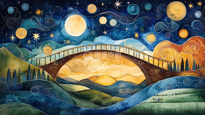 高清大图下载【趣麦麦图】星空桥梁油画风格