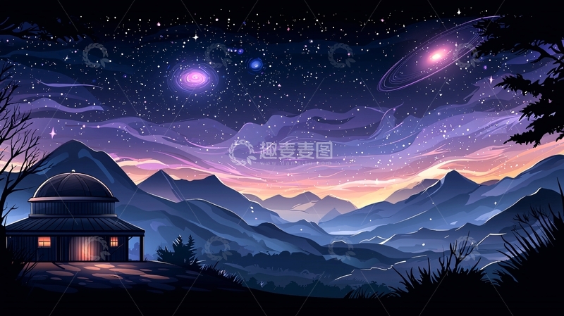 高清大图下载【趣麦麦图】星空下的天文台和山脉