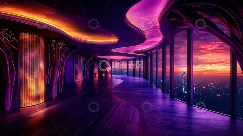 高清大图下载【趣麦麦图】紫橙色灯光下的走廊