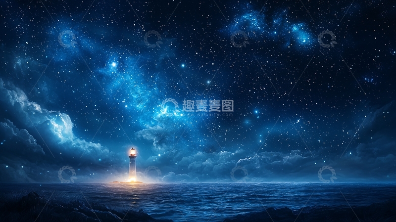 高清大图下载【趣麦麦图】蓝色星空下的灯塔