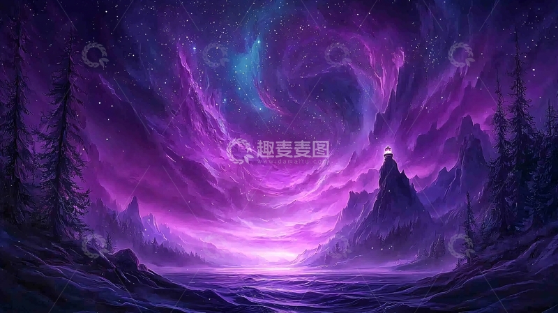 高清大图下载【趣麦麦图】紫色星空下的山峰