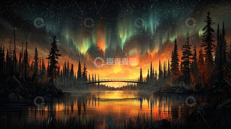 高清大图下载【趣麦麦图】极光下的森林夜景