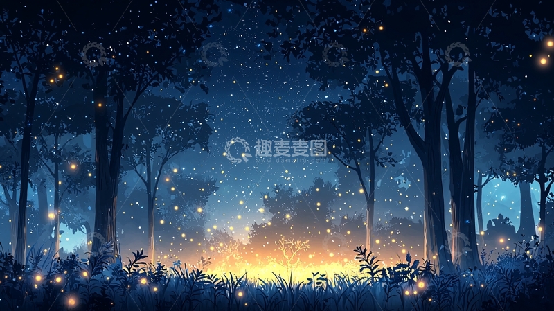 高清大图下载【趣麦麦图】夜幕下的森林萤火点点