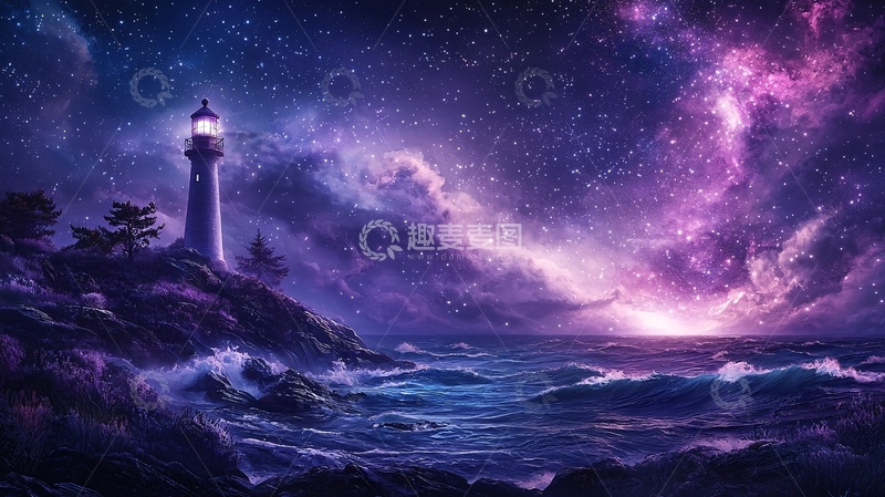 高清大图下载【趣麦麦图】夜空灯塔海岸星空
