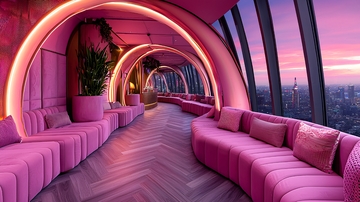 粉色梦幻城市高空酒吧